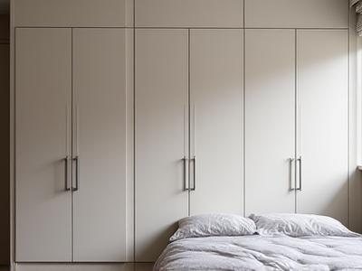 Innebygd garderobeløsning i soverom med glatte fronter